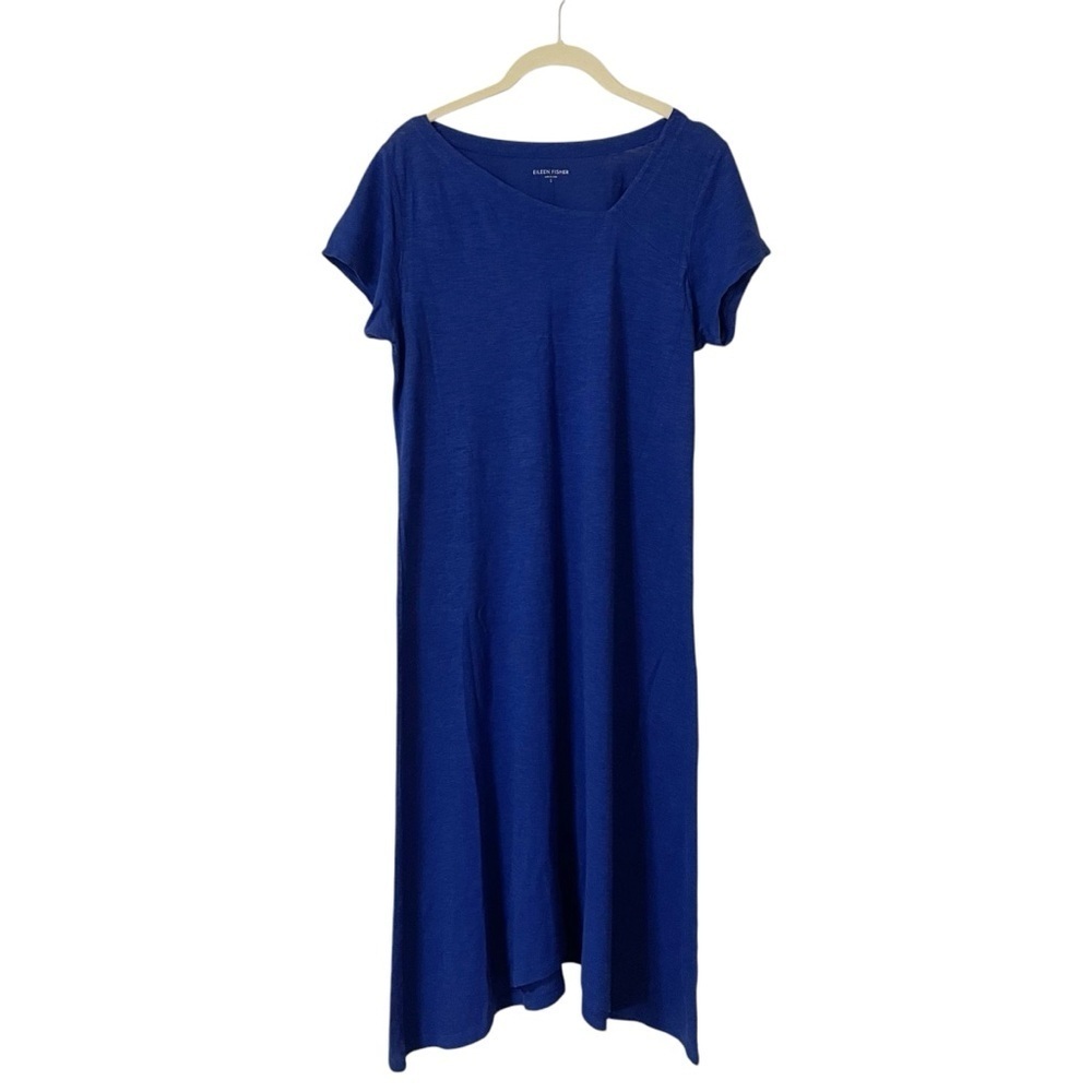 Eileen Fisher Dress in Blue with Flowing Silhouette Small Assymetrical Neckline
